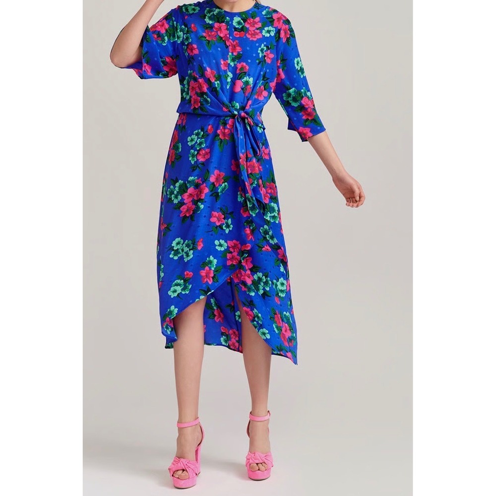 Essentiel Antwerp Vayen 100% Silk Dopamine Floral Midi Dress Blue 36